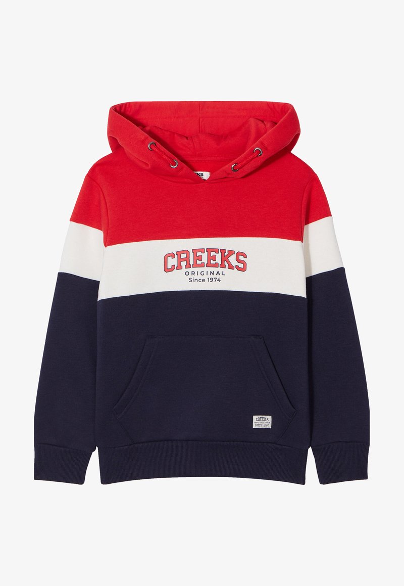 Felpa a righe rossa, bianca e blu con tasca a marsupio, cappuccio con coulisse e grafica "CREEKS ORIGINAL Since 1974" sul fronte.