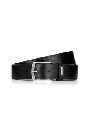 Ceinture en cuir noir avec une boucle rectangulaire en argent brillant, présentant un design texturé et plusieurs trous d'ajustement.