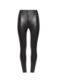 Sorte faux læder leggings med en glat struktur, højtaljet design, tætsiddende silhuet og uden synlig hardware eller mønstre.