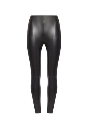 Zwarte faux leather legging met een gladde textuur, hoge taille, slank silhouet en geen zichtbare hardware of patronen.