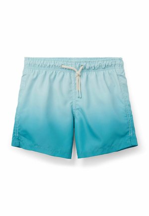 Blå ombré badeshorts med elastisk talje og hvid snor, vist mod en hvid baggrund.