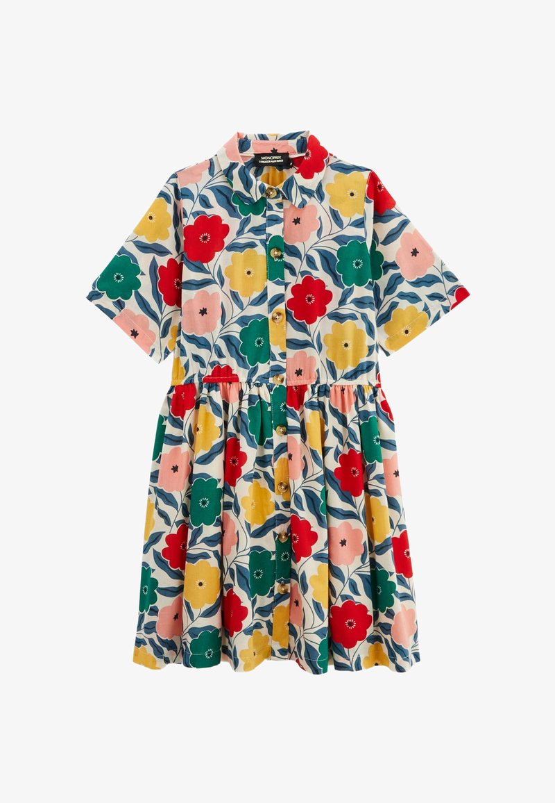 Robe florale en tissu léger, ornée de fleurs rouges, jaunes et vertes sur fond bleu, avec des manches courtes, un col et une fermeture à boutons.