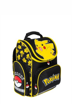 Black backpack with yellow Pikachu design, multiple pockets, and bright yellow accents. Features durable material and textured grip handle.