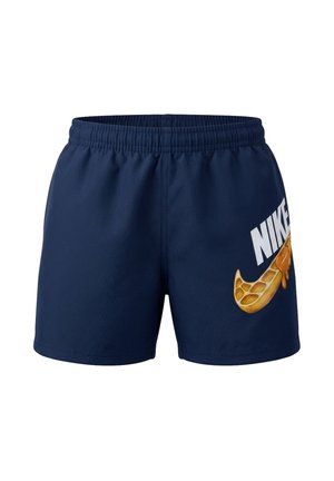 Pantalones cortos azul marino con cintura elástica que presentan un diseño de panal goteando formando el logo de Nike y el texto "NIKE" en la pierna derecha.