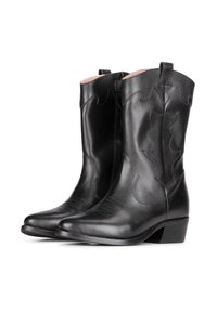 Botas vaqueras de cuero negro con punta afilada, costuras decorativas y un tacón ligeramente elevado. Cuentan con un acabado suave y acentos de estilo occidental.