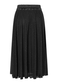 Zwarte knielange rok gemaakt van lichtgewicht stof, met een geplooide tailleband en verspreide zilveren stippen. Vloeiende pasvorm met plooien.