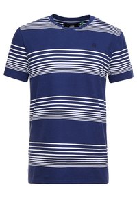 Marinblå T-shirt med horisontella vita ränder, rund hals, korta ärmar, tillverkad av bomull, med en liten logotyp på vänster bröst.