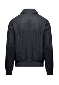 Giacca in pelle nera con colletto classico, polsini e orlo a coste, dettagli delle cuciture e una texture liscia. Vista posteriore mostrata.