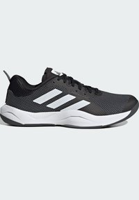 Zwarte sportchoenen met een gemêleerde bovenkant van mesh, een witte drie-strepen ontwerp aan de zijkant en een gewatteerde witte zool.