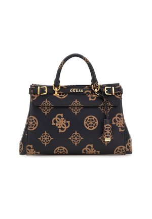 Sac à main Guess noir et marron avec boucles dorées, logos à motifs, anse supérieure simple et petite étiquette suspendue avec le nom de la marque.