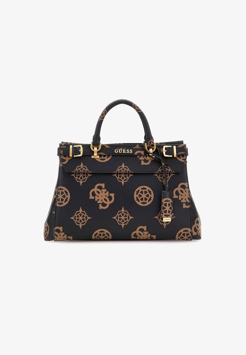 Sac à main Guess noir et marron avec boucles dorées, logos à motifs, anse supérieure simple et petite étiquette suspendue avec le nom de la marque.