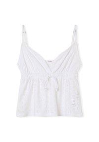 Top bianco in cotone con spalline regolabili, presenta un motivo traforato testurizzato, una scollatura a V profonda e una vita elastica con lacci.