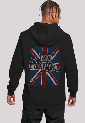 Black hoodie featuring a distressed Union Jack design with "Sex Pistols" text in grey and white across the center.