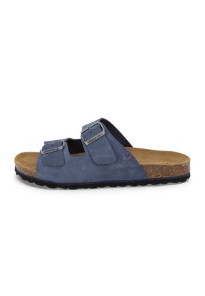 Sandalia deslizable de gamuza azul con dos correas ajustables con hebilla, plantilla de corcho y suela negra texturizada, diseñada para uso casual.