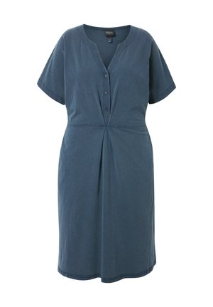 Sininen puuvillamekko, jossa on V-pääntie, lyhyet hihat ja napitettu etuosa. Rypistetty vyötärö, rento istuvuus, ulottuu polven ylle.
