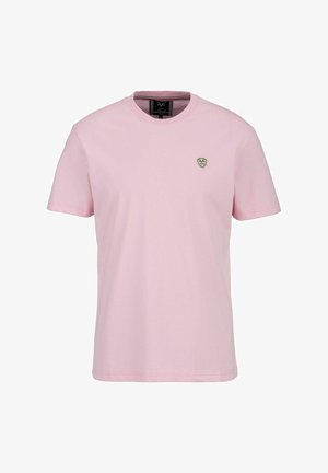 Rosa Baumwoll-T-Shirt mit Rundhalsausschnitt und kurzen Ärmeln. Verfügt über ein kleines gesticktes Schild-Logo auf der linken Brust.