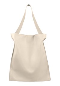 Beige leren schoudertas met een enkele band, zachte structuur, minimalistisch ontwerp en een licht geraffineerde bovenkant. Subtiel logo in reliëf aan de onderkant.