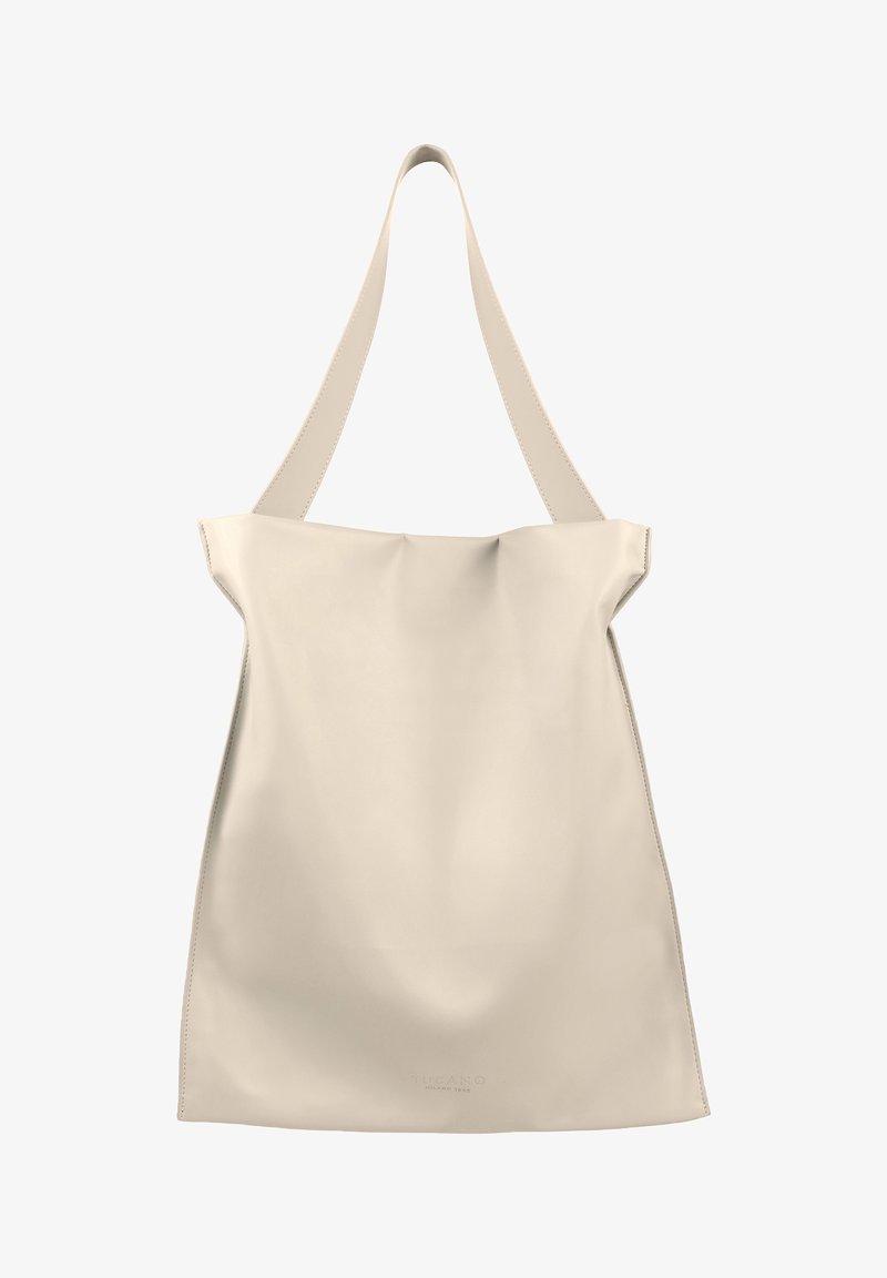 Beige leren schoudertas met een enkele band, zachte structuur, minimalistisch ontwerp en een licht geraffineerde bovenkant. Subtiel logo in reliëf aan de onderkant.