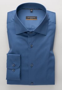 Slim fit, blauwe overhemden van gladde stof, met een klassieke kraag, knoopsluiting aan de voorkant, en een enkele knoopmanchet met bijpassende knopen.