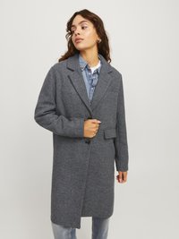 Cappotto in misto lana grigio con motivo a spina di pesce, chiusura con un solo bottone, rever a taglio e tasca frontale; design di lunghezza intermedia.