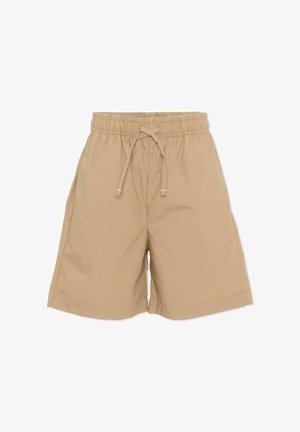 Beige knielange shorts met elastische tailleband en verstelbaar trekkoord, gemaakt van lichtgewicht stof met rechte zoom.