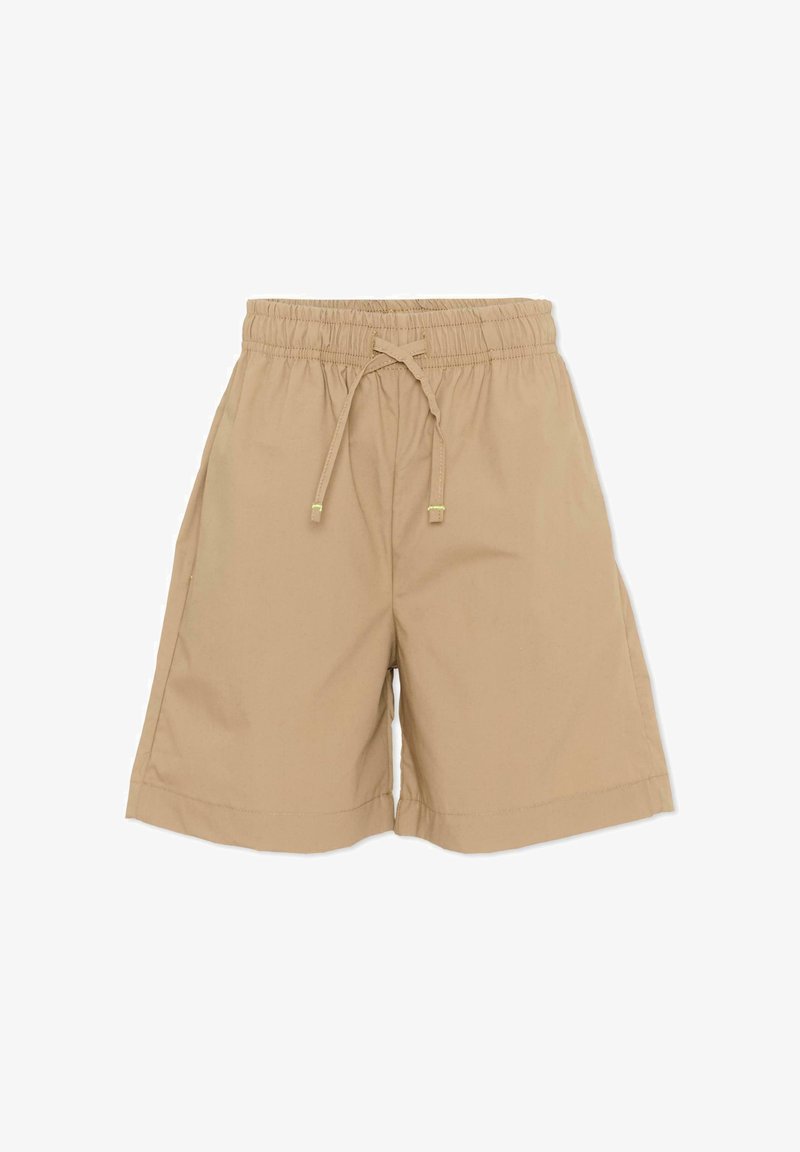 Shorts beige mi-longueur avec taille élastique et cordon de serrage ajustable, fabriqués en tissu léger avec ourlet droit.