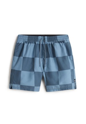 Blå rutiga badshorts med resårem, dragsko och sidofickor. Tillverkade av lätt, snabbtorkande material.