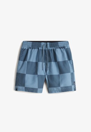 Blå rutiga badshorts med resårem, dragsko och sidofickor. Tillverkade av lätt, snabbtorkande material.