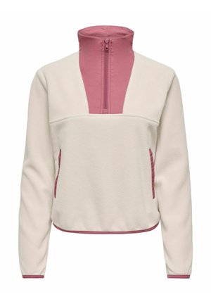 Pull polaire à manches longues avec corps crème et col haut rose, demi-fermeture éclair, bords des poches et ourlet.