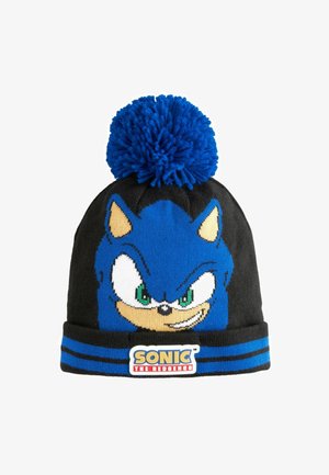 Zwarte gebreide beanie met een blauwe pompon, met een geborduurd Sonic the Hedgehog ontwerp en een blauwgestreepte omslag met logo patch.