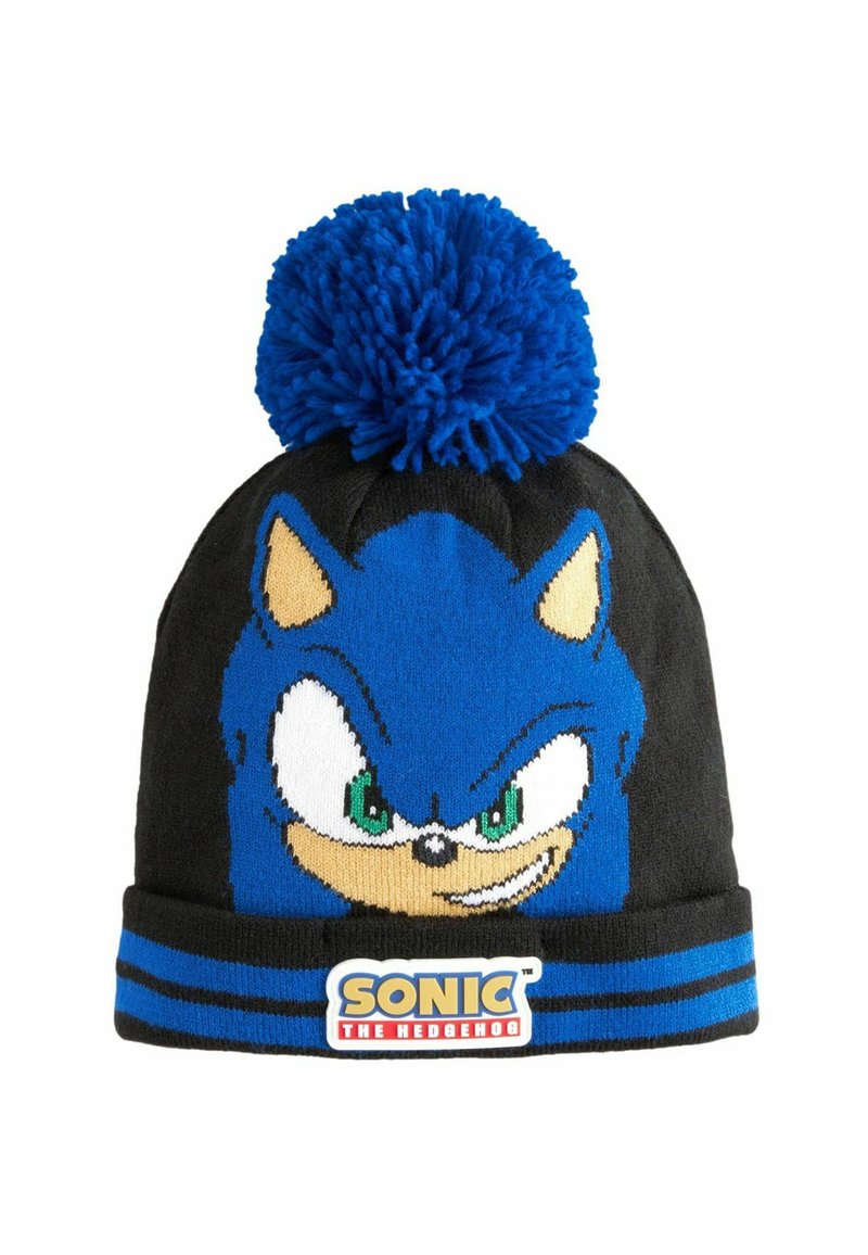 Schwarze Strickmütze mit einem blauen Pompon, versehen mit einem gestickten Sonic the Hedgehog-Design und einem blau gestreiften Bündchen mit Logo-Patch.