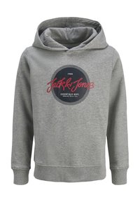 Gray hoodie made of soft fabric, featuring a front logo design in dark blue and red, with a kangaroo pocket and drawstring hood.