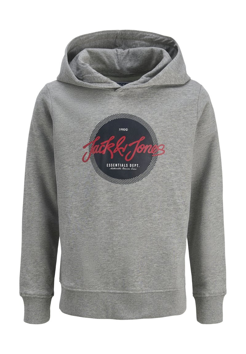 Gray hoodie made of soft fabric, featuring a front logo design in dark blue and red, with a kangaroo pocket and drawstring hood.