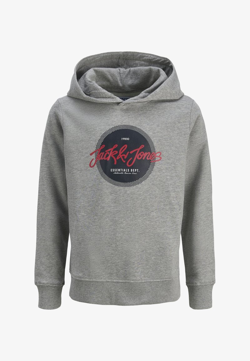 Gray hoodie made of soft fabric, featuring a front logo design in dark blue and red, with a kangaroo pocket and drawstring hood.