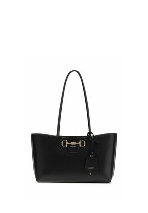Sac cabas Guess en cuir noir avec deux sangles d'épaule, détail boucle dorée et étiquette porte-clés de marque attachée.