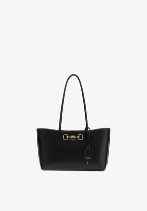 Sac cabas Guess en cuir noir avec deux sangles d'épaule, détail boucle dorée et étiquette porte-clés de marque attachée.
