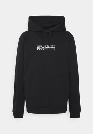 Zwarte hoodie gemaakt van een katoenmix, met een voorste kangoeroezak en witte bedrukte logo-tekst op de borst.