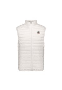 Wit doorgestikt mouwloos vest met ritssluiting aan de voorkant en klein cirkelvormig logo op de linkerborst, opstaande kraag, twee zijzakken met rits.