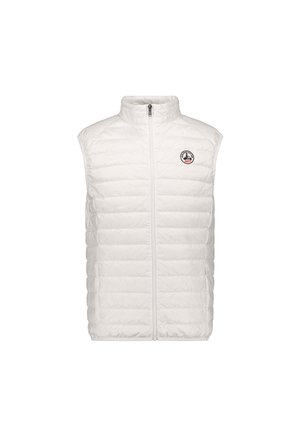 Wit doorgestikt mouwloos vest met ritssluiting aan de voorkant en klein cirkelvormig logo op de linkerborst, opstaande kraag, twee zijzakken met rits.