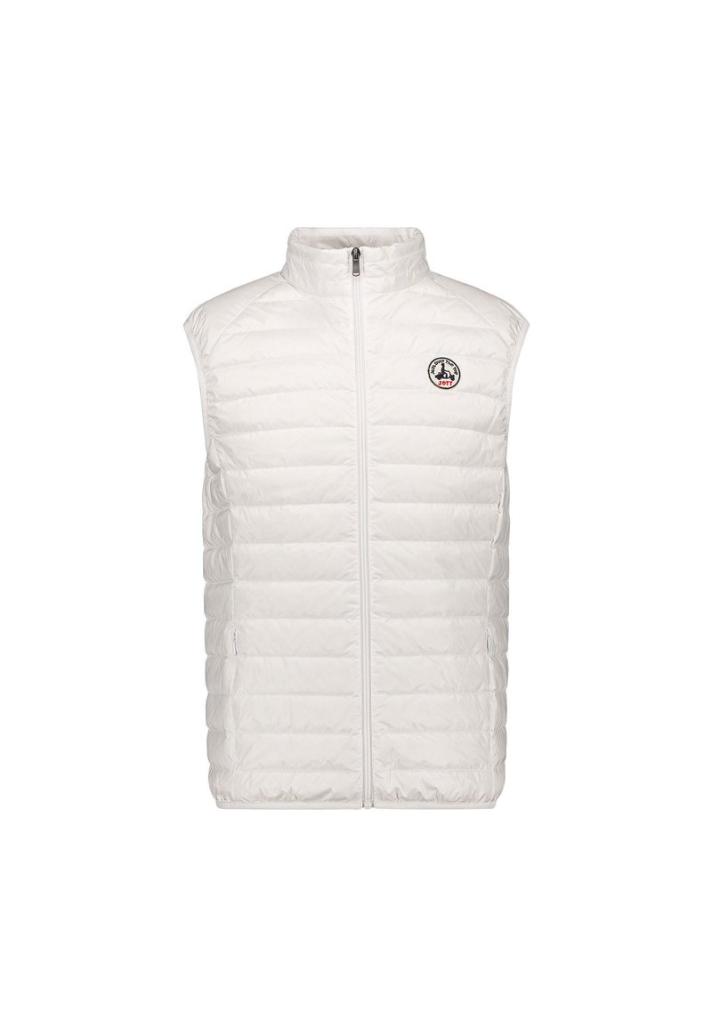 Wit doorgestikt mouwloos vest met ritssluiting aan de voorkant en klein cirkelvormig logo op de linkerborst, opstaande kraag, twee zijzakken met rits.