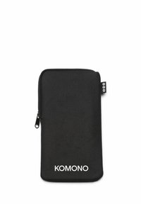 Pochette zippée en tissu noir avec surface texturée, présentant un logo "KOMONO" blanc en bas. Forme rectangulaire, design minimaliste.