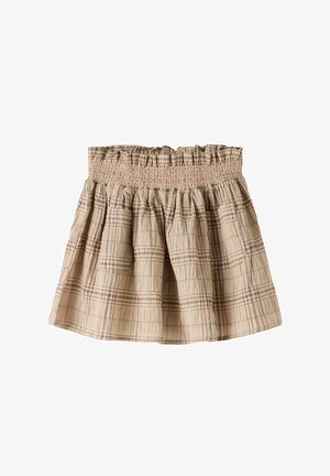 Beež ruuduline seelik soonikkoes elastse värvliga ja kogutud kangaga, millel on õrn kortsus tekstuur.