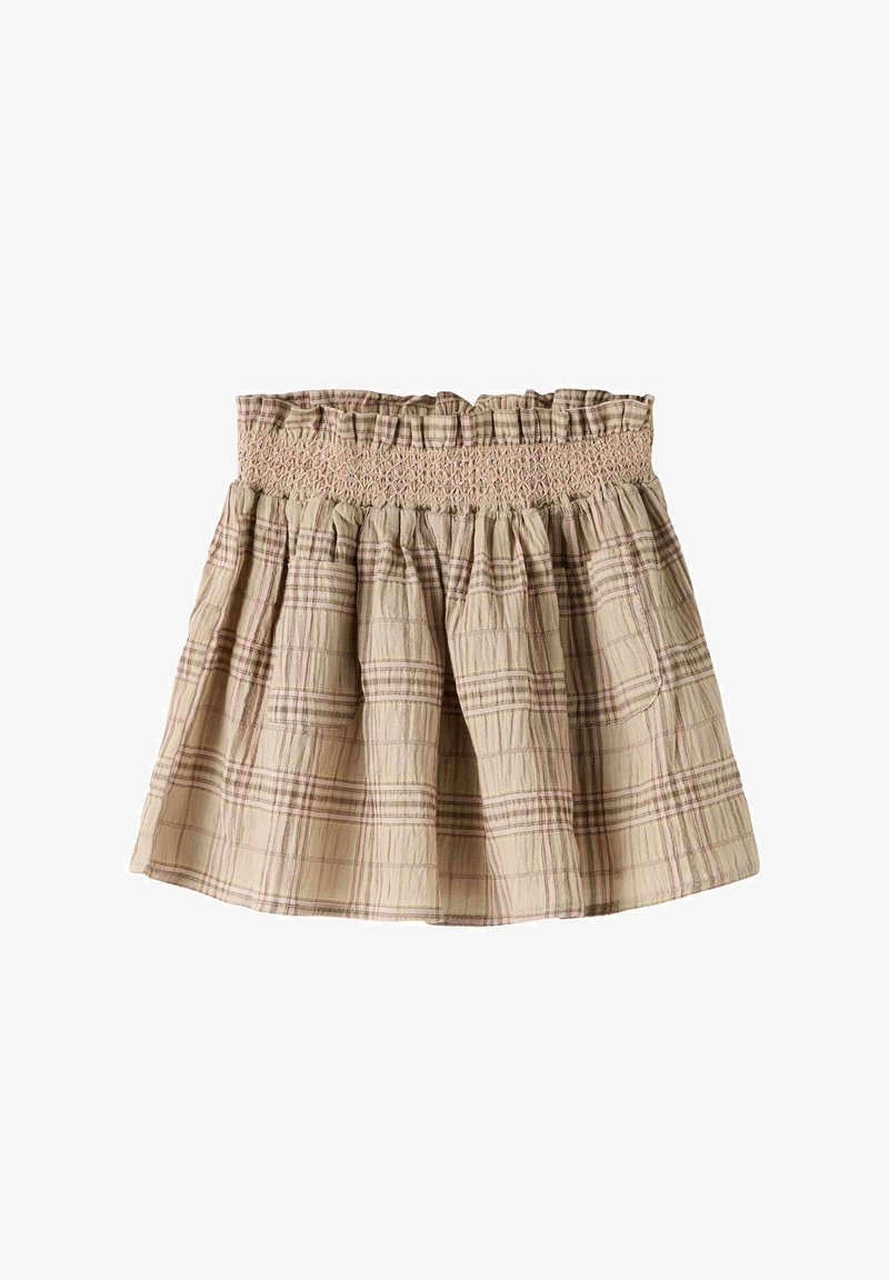 Beige rutet skjørt med smokked elastisk midje og samlet stoff, med en subtil krølletekstur.