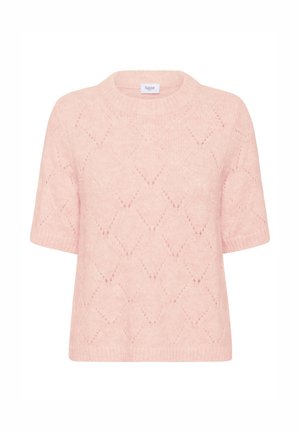 Zachtroze trui met korte mouwen, voorzien van een diamantvormig breipatroon en een geribbelde ronde halslijn en zoom.