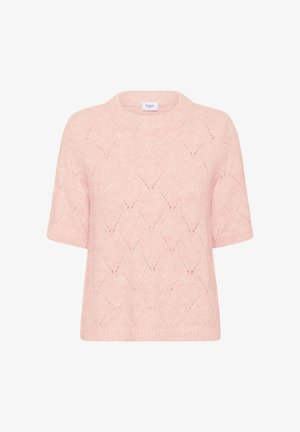Mekani ružičasti džemper kratkih rukava s uzorkom dijamantnog pletenja te rebrastim okruglim izrezom i rubom.