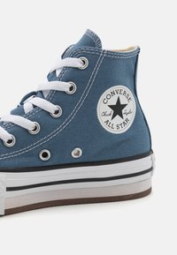 Sininen kanvastakki korkea tennari, jossa on valkoiset nauhat, hopeiset silmukat ja pyöreä musta-valkoinen logo-patch, jossa lukee "Converse" ja "All Star".