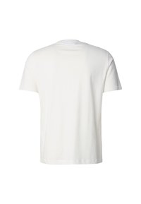 Hvid bomulds-T-shirt med korte ærmer, rund halsudskæring og en glat tekstur. Har et enkelt, minimalistisk design uden mønstre eller detaljer.