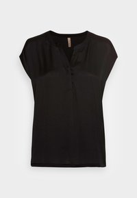 Svart kortärmad blus med V-ringning, tillverkad av ett slätt tyg, med subtila sömdetaljer och en avslappnad passform.