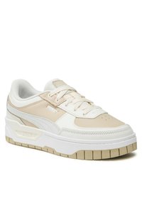 Sneaker sintetico beige chiaro con accenti crema, collare imbottito, linguetta testurizzata e una spessa suola in gomma bianca con un motivo di battistrada marrone chiaro.