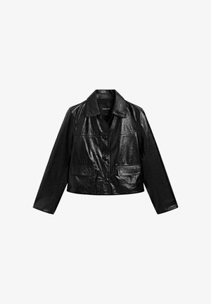Black leather cropped jacket with a collared neckline, button closure, and two front pockets. Smooth texture and shiny finish.